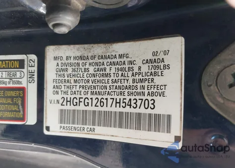 2007 Honda Civic Lx z USA, uszkodzony, nr VIN 2HGFG12617H543703